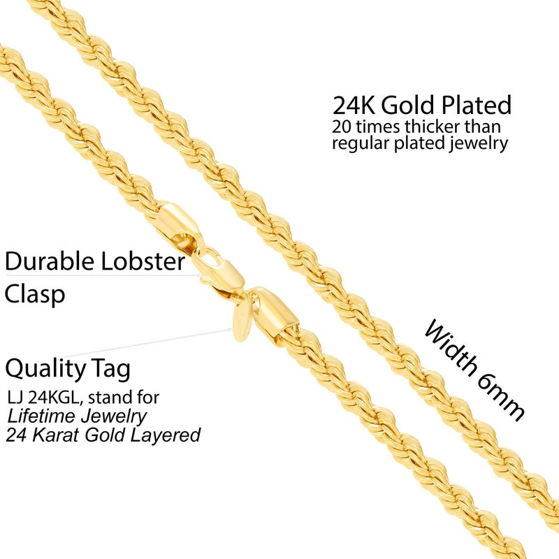 LIFETIME JEWELRY 6mm Rope Chain Necklace for Women and Men 24k Real Gold Plated (16 inches, 1 - Gold Plated) - Image 4